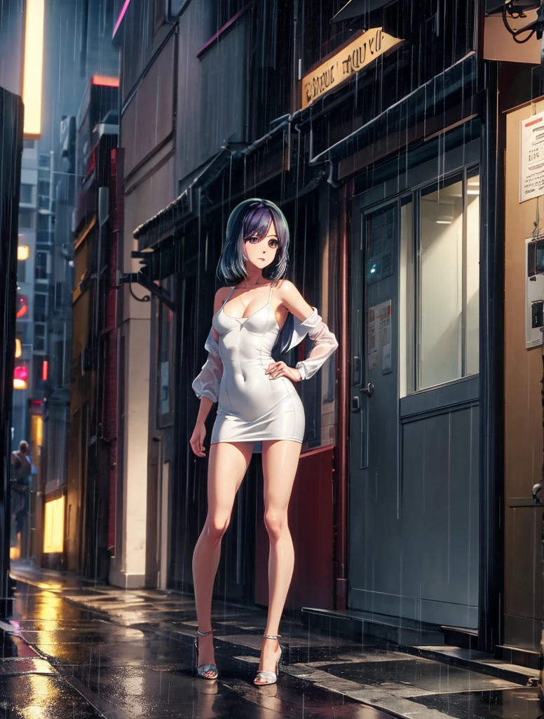 girl, short tight dress, you can see her breasts, bare chest, Chest visible, street background, Narrow passage between houses, night, rain, slender body, full length, Stiletto Shoes, bare chest, slim body, small breasts