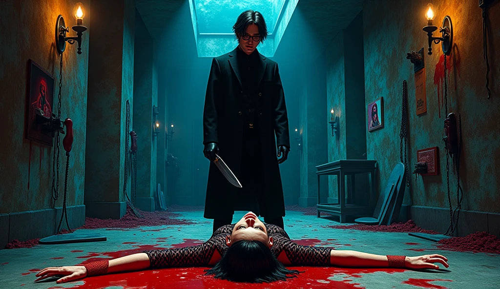 Giallo thriller, mysterious handsome killer, black gloves, round glasses, slightly long black hair, knife, stabbing tied up girl, black underwear, black bra, stockings, dungeon of horrors, saws, knives, axes, porn pics on wall, ropes, chains, blood spatter, walls and floor covered in blood spray (lurid vivid colors, cinematic and volumetric lighting, Technicolor, blue and orange tint, diffused green back lighting, intricate details, Fumetti comic books style, pen and ink, Metal Hurlant aesthetic, best quality, masterpiece, HD, 8X, good hands, good bodies, attention to detail, retro illustration style, classic European horror movie style, Dario Argento, Sergio Martino, Jess Franco, Mario Bava, NSFW) woman's head on floor