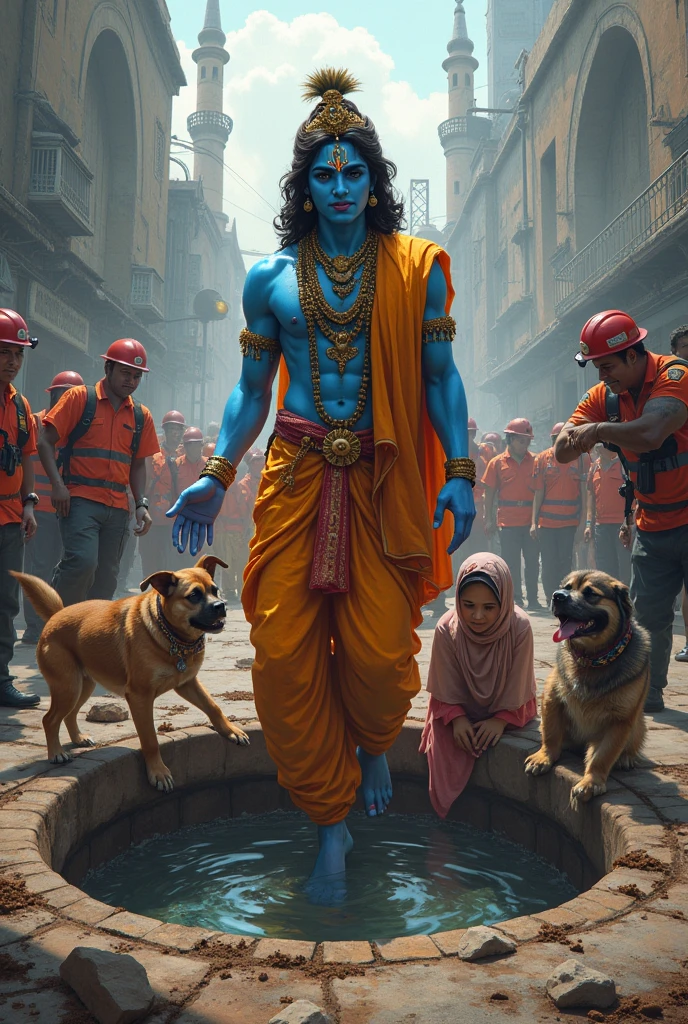 Lord krishna helping a 4 women  from big dirty manhole infront masjid india kuala lumpur k9 dogs, fire fighters and people standing around