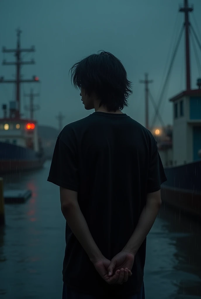 24 year's men, long wave hair, rainy season, men back shot, black shirt &black pant, 176 cm tall,medium body,night image,holding his hands, no lights,harbour