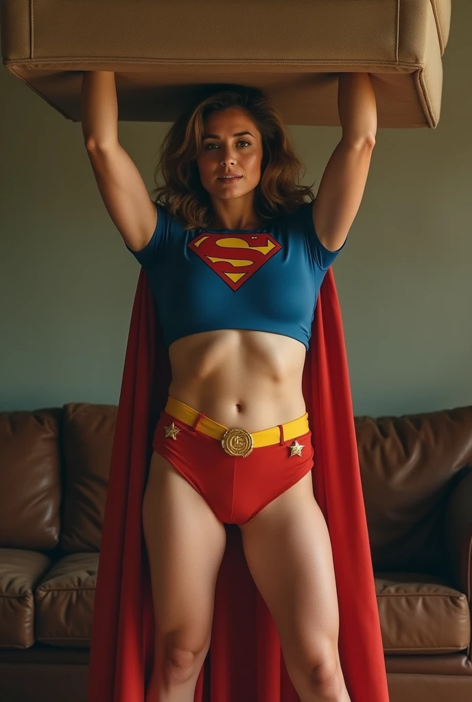 (((very beautiful old Supergirl (((1980s costume))) Julie Hagerty))) Super woman Julie Hagerty; confident, powerful, indestructible, attractive; big and firm chest; strong breasts; arms crossed, levanta facilmente um big Sofa sobre sua cabeça; arms of a strong woman. HD. Photograph, ((realism)), extremely high quality RAW photograph, ultra detailed photograph, sharp focus, high resolution, (detailed skin:1,3),high quality, film grain, Fujifilm XT3,Highly Detailed, movie, (Cinematic Photo:1.3) of (Realistic:1.3)