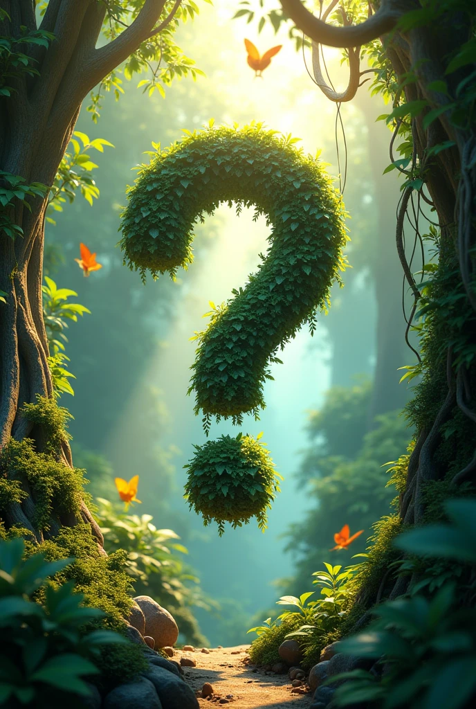 A 3D question mark on a large rainforest with colourful big trees