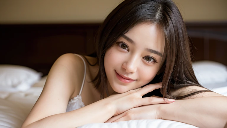 ((Highest quality)), ((masterpiece)), (detailed), Realistic beauty, clear, smile, On the bed