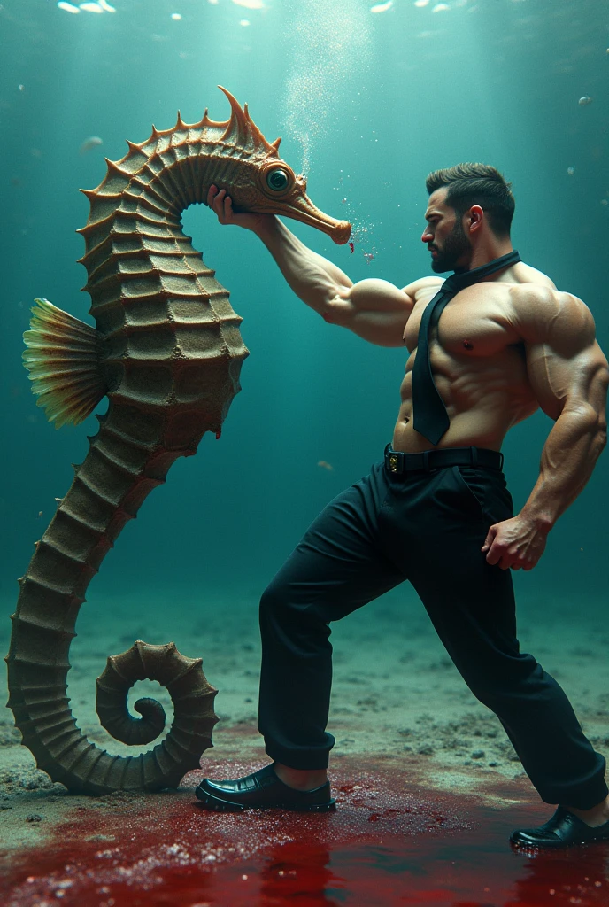 The muscular bodybuilder realistic daddy wearing black pent coat and matching tie cat kicks the giant realistic seahorse on the face, causing it to and mouth bleeding visible in the water. The seahorse is stunned, and the water around them is tinted red from the seahorse’s injury.