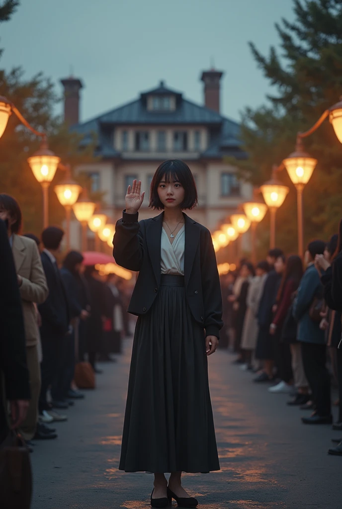 a young woman shorty black messy haircut, wear outfit jacket with shawl neck, long skirt dress clothes, wear high shoes, standing while raise right hand to audience on middle between people, natural, sweetly smile, lighting pole lamps, real hyper realistic, real human japanese, UHD 8k, detailed photo, perfect face, detailed places, landscape, full body, photo was taken from a distance on outdoor the giant mansion his house