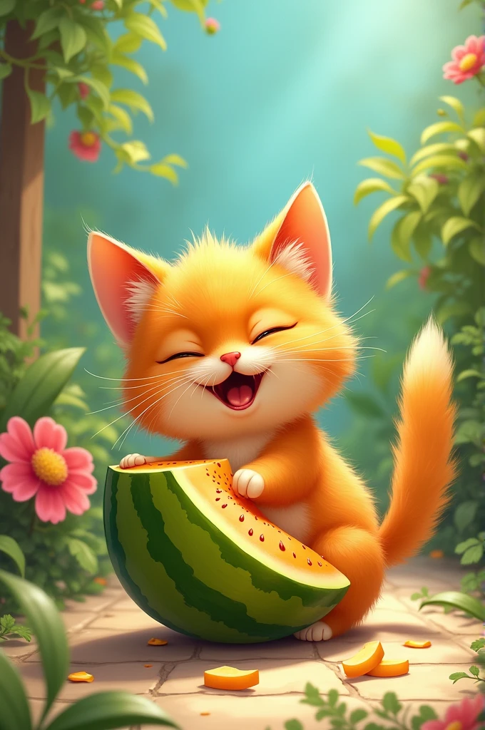 Create me a cat eating a melon