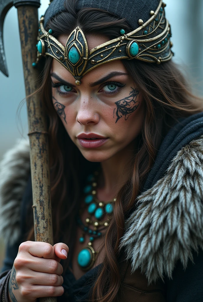 Nordic warrior close-up, ax in hand, Woman, blue eye, diagonal axe, large crown on head , necklace beautiful stones on the neck, tribal tattoo on face, Angry