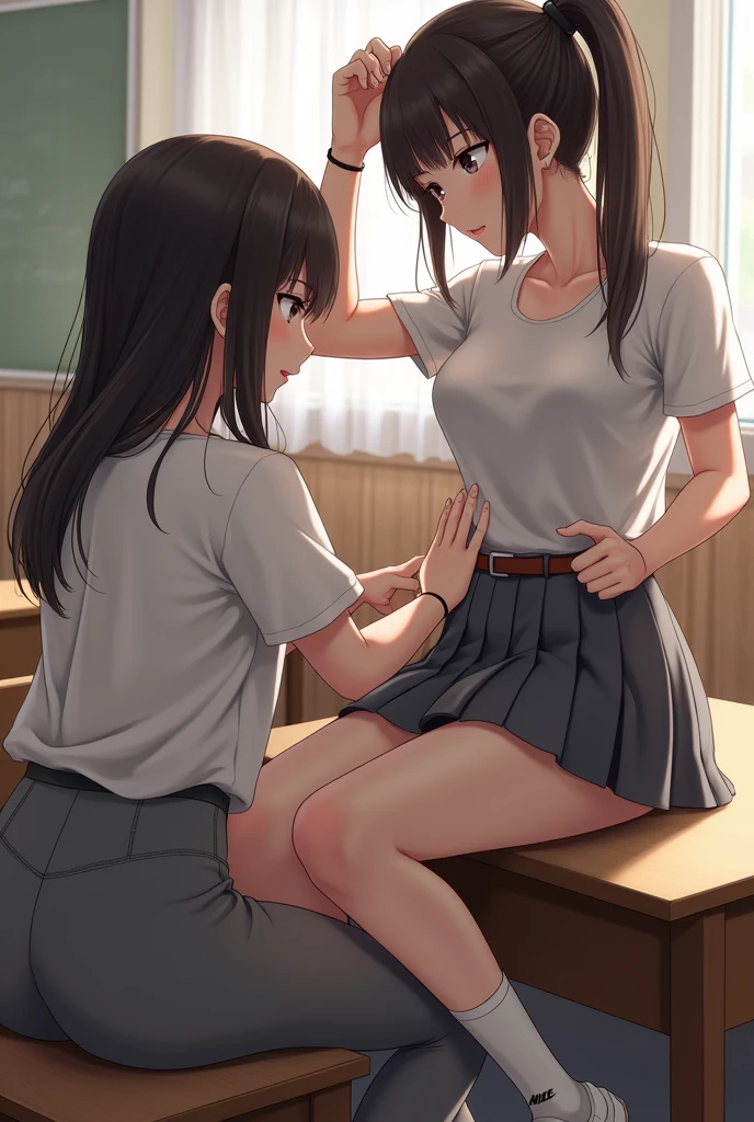 (photorealism:1.2), beautiful woman, on school desk, wearing a pantyhose with white nike socks covering a bit of it with grey skirt, tying her straight hair into a ponytail, with another girl touching her skirt with grey yoga pants and with straight hair