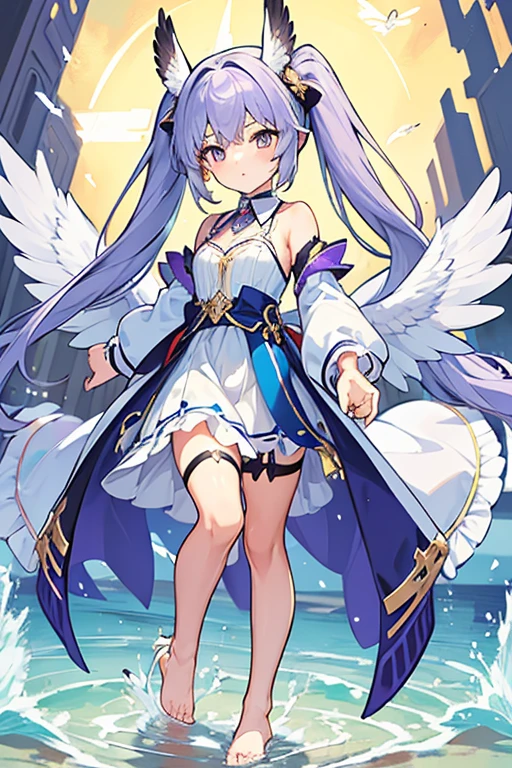 (masterpiece,best quality,ultra-detailed), an anime girl who is, calm angel. She has lavender long hair with straight bangs and high ponytails, periwinkle eyes, eurasian eagle-owl ears and wings, wearing magic girl regalia and ankle straps, barefoot, standing in a calm pose, looking at viewer