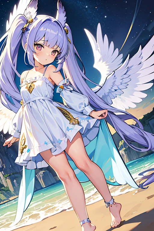 (masterpiece,best quality,ultra-detailed), an anime girl who is, calm angel. She has lavender long hair with straight bangs and high ponytails, periwinkle eyes, eurasian eagle-owl ears and wings, wearing magic girl regalia and ankle straps, barefoot, standing in a calm pose, looking at viewer