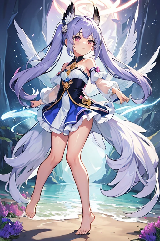 (masterpiece,best quality,ultra-detailed), an anime girl who is, calm angel. She has lavender long hair with straight bangs and high ponytails, periwinkle eyes, eurasian eagle-owl ears and wings, wearing magic girl regalia and ankle straps, barefoot, standing in a calm pose, looking at viewer