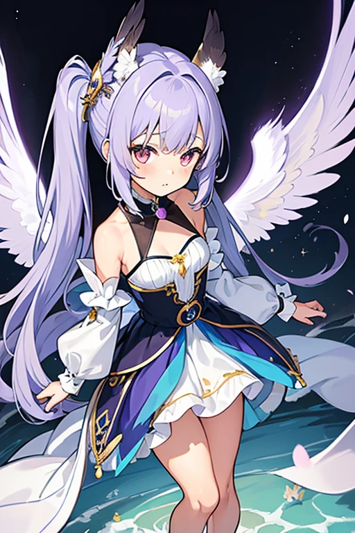 (masterpiece,best quality,ultra-detailed), an anime girl who is, calm angel. She has lavender long hair with straight bangs and high ponytails, periwinkle eyes, eurasian eagle-owl ears and wings, wearing magic girl regalia and ankle straps, barefoot, standing in a calm pose, looking at viewer