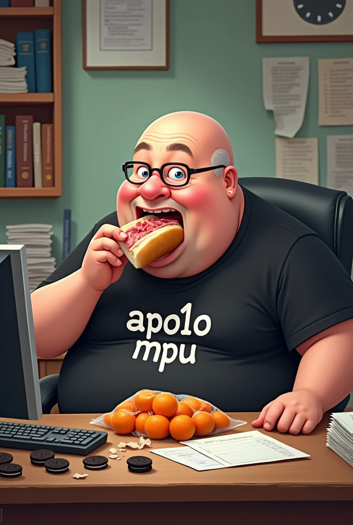 white male, 40 year old, baldie, completely smooth face, no fur, bochechas grandes, skinny, but very pot-bellied, wearing light glasses and eating baguette with lots of ham. Sitting behind a somewhat cluttered desk with a computer, stacks of papers, crumbs and lots of Oreo cookies. Wearing a black shirt with the following phrase: APO1O MPU. a bag of tangerines on the table.
