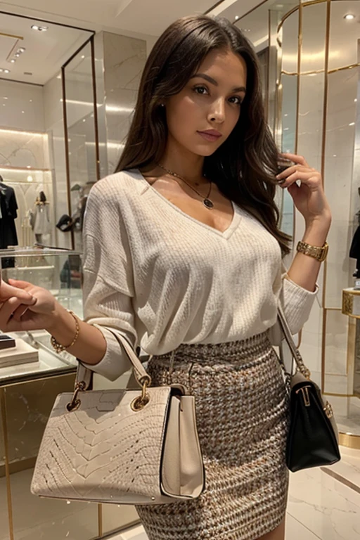A woman with a luxury handbag in a jewelry store