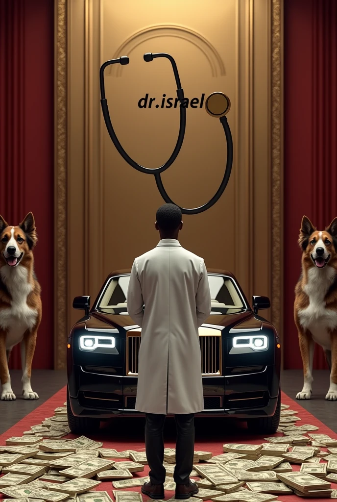 (photorealism:1.2), a Text written "Dr.Israel", with money filled all over the place, many royal black cars, two big royal dogs , a big stethoscope,  a rich background, thanking god, a african boy turned backside wearing doctors coat standing in front