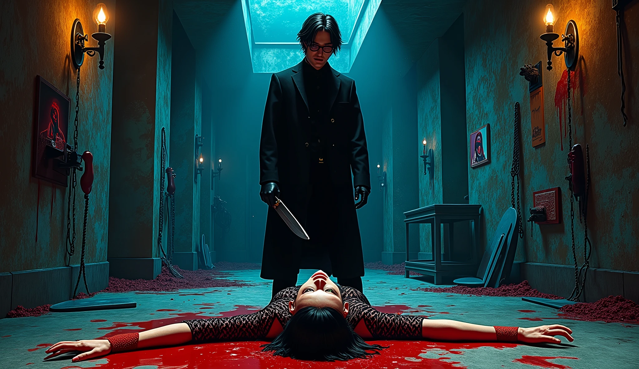 Giallo thriller, mysterious handsome killer, black gloves, round glasses, slightly long black hair, knife, stabbing tied up girl, black underwear, black bra, stockings, dungeon of horrors, saws, knives, axes, porn pics on wall, ropes, chains, blood spatter, walls and floor covered in blood spray (lurid vivid colors, cinematic and volumetric lighting, Technicolor, blue and orange tint, diffused green back lighting, intricate details, Fumetti comic books style, pen and ink, Metal Hurlant aesthetic, best quality, masterpiece, HD, 8X, good hands, good bodies, attention to detail, retro illustration style, classic European horror movie style, Dario Argento, Sergio Martino, Jess Franco, Mario Bava, NSFW) woman's head on floor