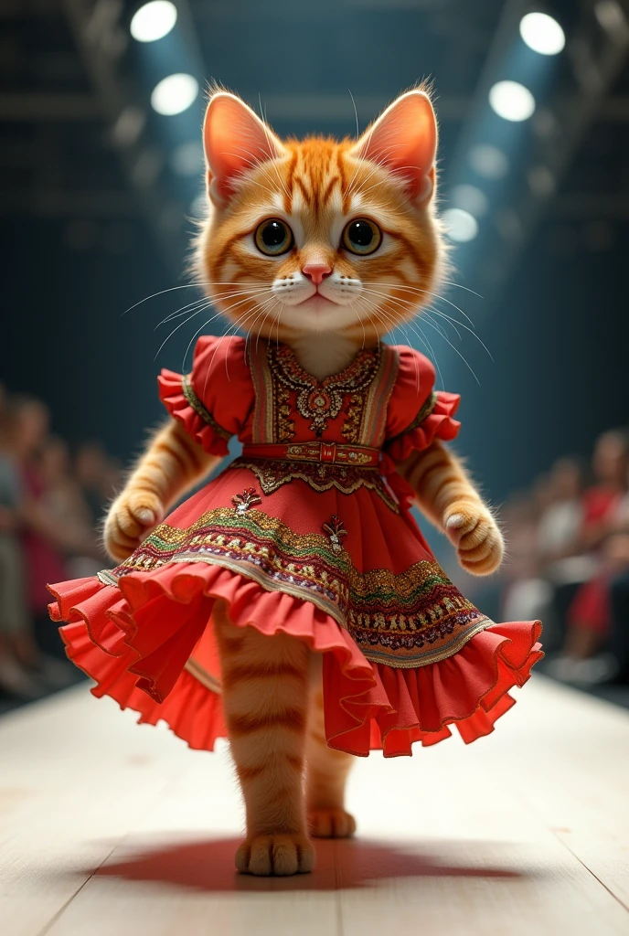 (photorealism:1.2), a cute ginger cat wearing latin dress walking on the runway