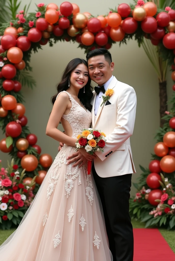 Real pinoy pinay wedding couple with attire gown with baloons flowers shape Heart flowers from of camera looking