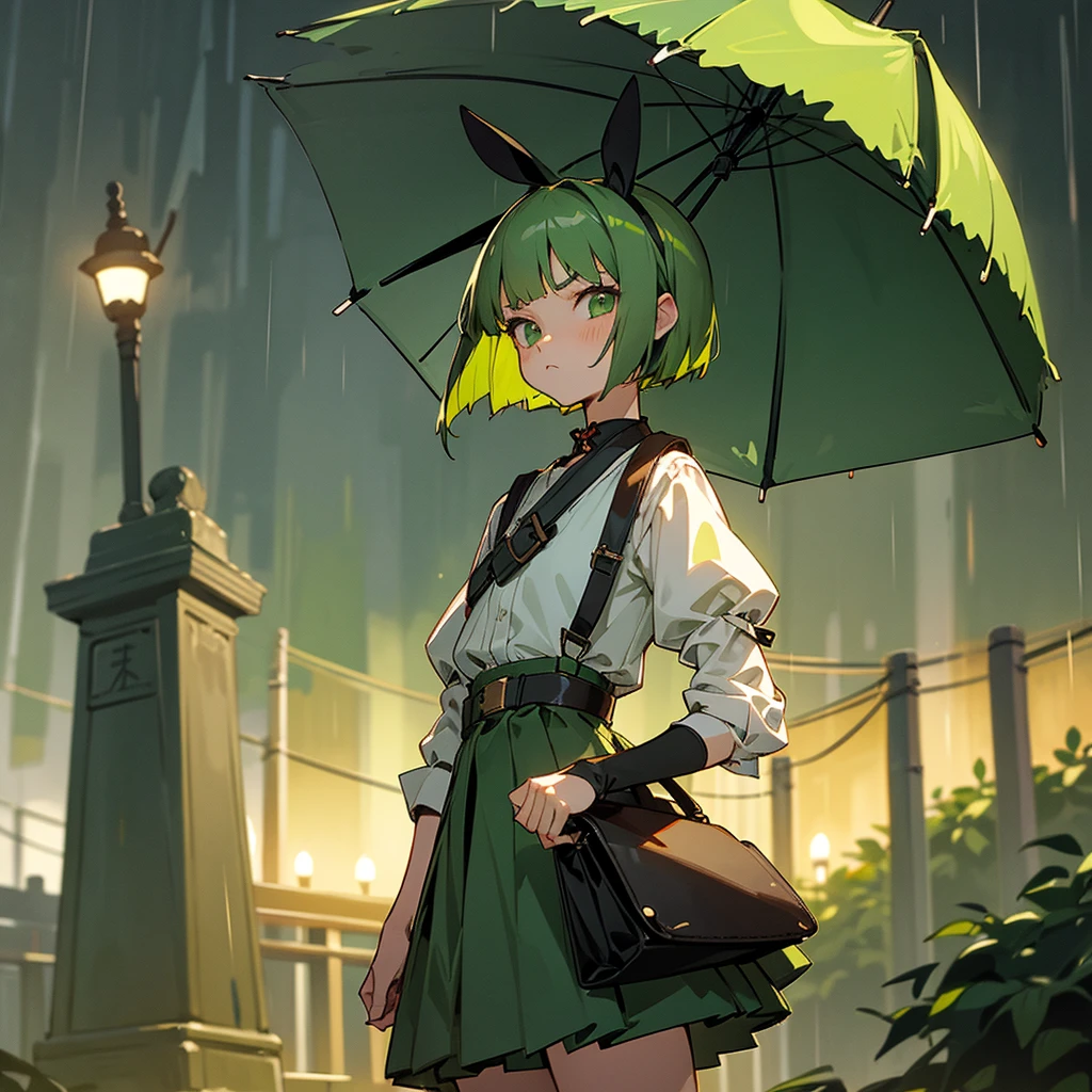 Green rabbit ears, green animal ears, a girl, bob cut, green hair, green eyes, look young, alone, short, tiny,Lolita, childhood, overall, belt, waist bag, waist pouch, kawaii, cute,face, serious look, outside, shrine, at night, with rain