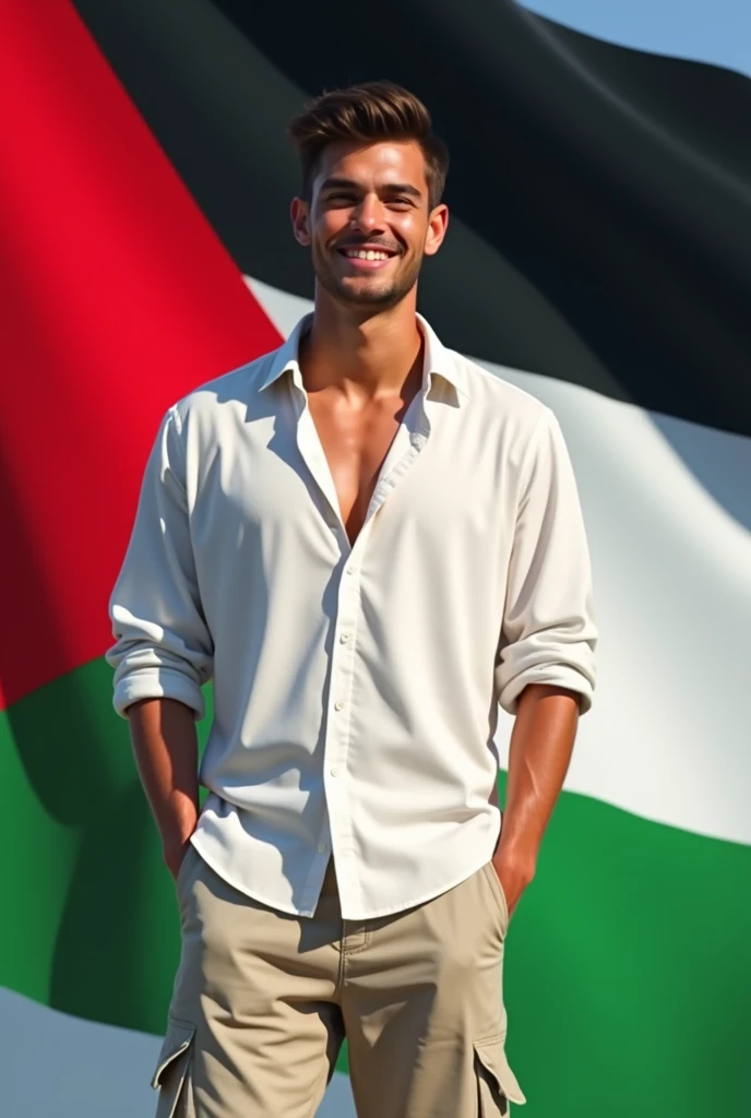 Palestine flag full background and a handsome boy is standing after that background wearing white lose shirt with parashoot trousers clear and realistic inhance in fair colour with smile