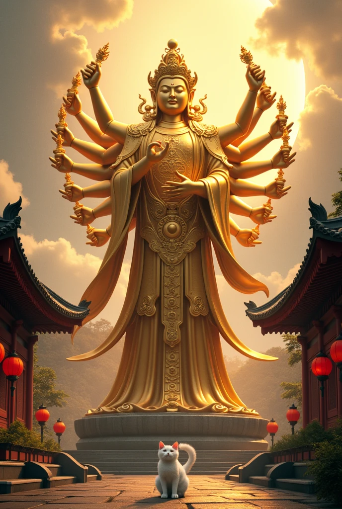 A beautiful and impressive golden Thousand-Armed Kannon statue、An atmospheric temple、Cinematic lighting、Cute white cat