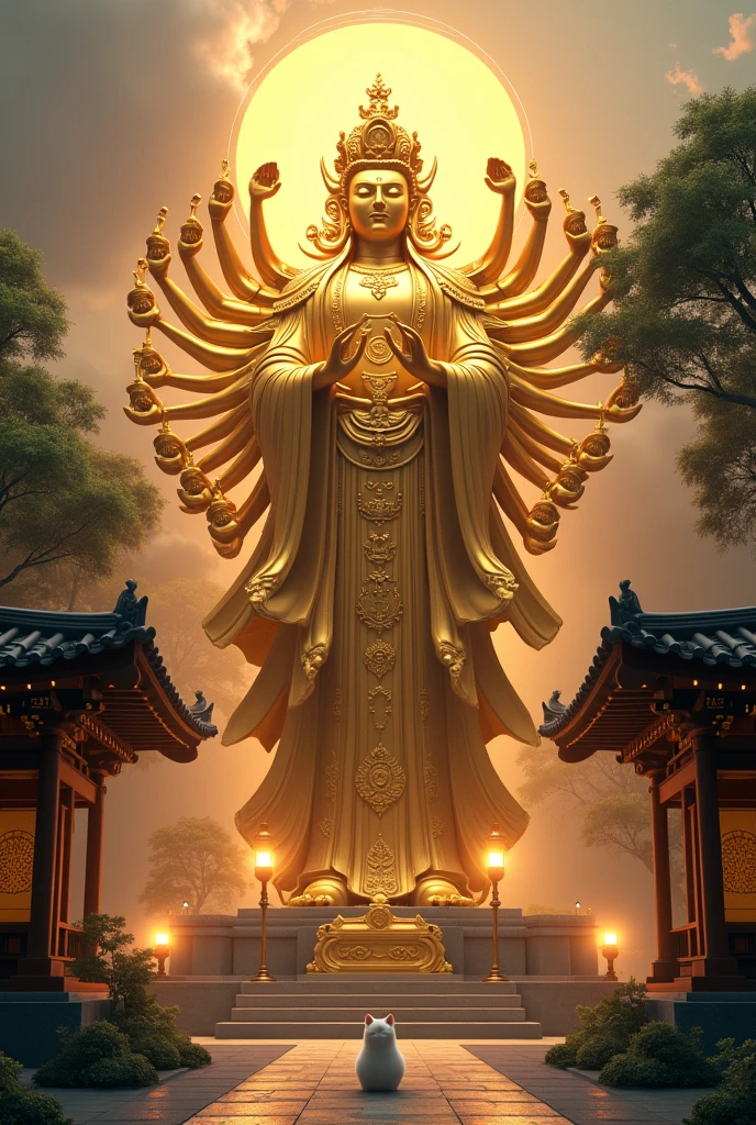 A beautiful and impressive golden Thousand-Armed Kannon statue、An atmospheric temple、Cinematic lighting、Cute white cat