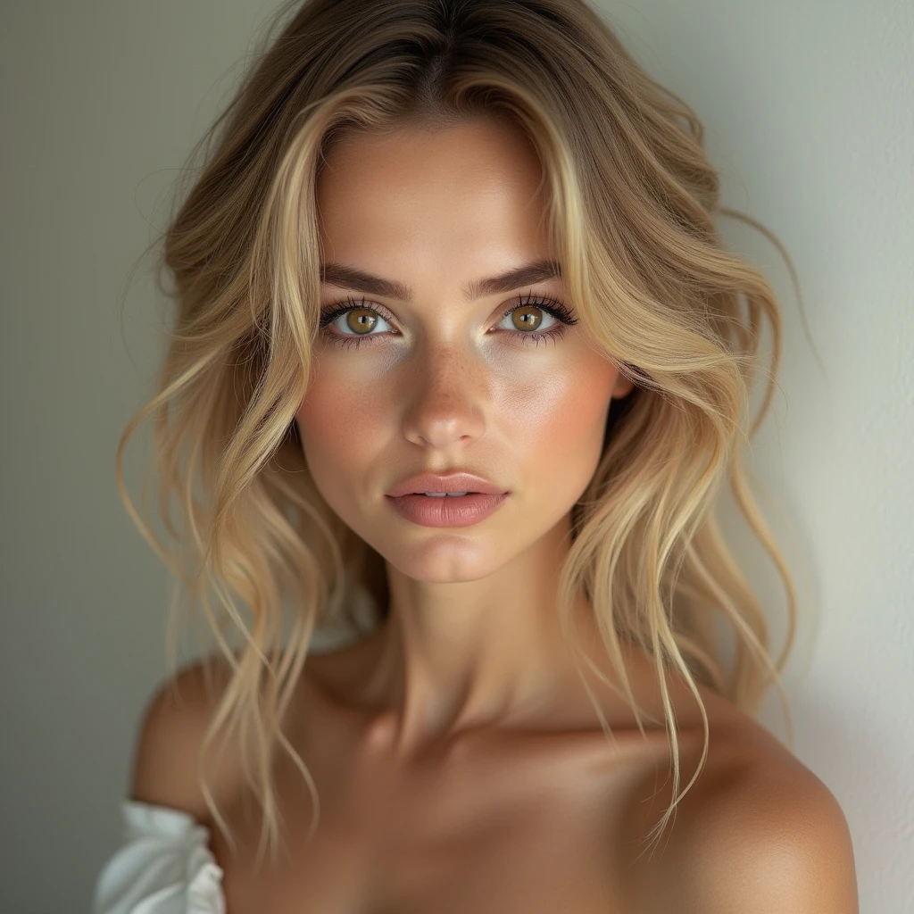 Realistic photo of a beautiful blonde with brown eyes that we will call Matilde( remember this for next time)