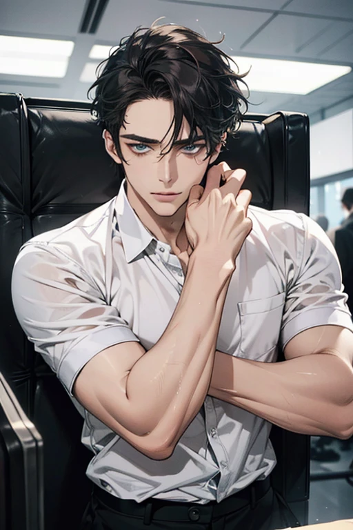 (Best Quality,4k,8k,high resolution,Masterpiece:1.2),ultra detailed,(realist,photorealist,photo-realist:1.37),1 man,31 years,mature man,very handsome,without expresion,muscled body,short gray black hair,Blue eyes,glare,perfect face without mistakes,imposing posture,businessman,office background,cinematic lighting,imagen HDR