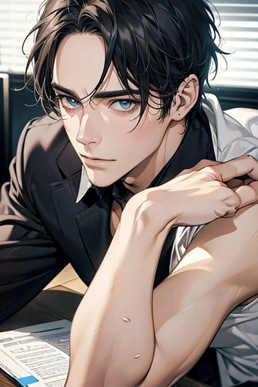 (Best Quality,4k,8k,high resolution,Masterpiece:1.2),ultra detailed,(realist,photorealist,photo-realist:1.37),1 man,31 years,mature man,very handsome,without expresion,muscled body,short gray black hair,Blue eyes,glare,perfect face without mistakes,imposing posture,businessman,office background,cinematic lighting,imagen HDR