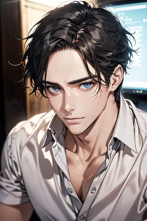 (Best Quality,4k,8k,high resolution,Masterpiece:1.2),ultra detailed,(realist,photorealist,photo-realist:1.37),1 man,31 years,mature man,very handsome,without expresion,muscled body,short gray black hair,Blue eyes,glare,perfect face without mistakes,imposing posture,businessman,office background,cinematic lighting,imagen HDR