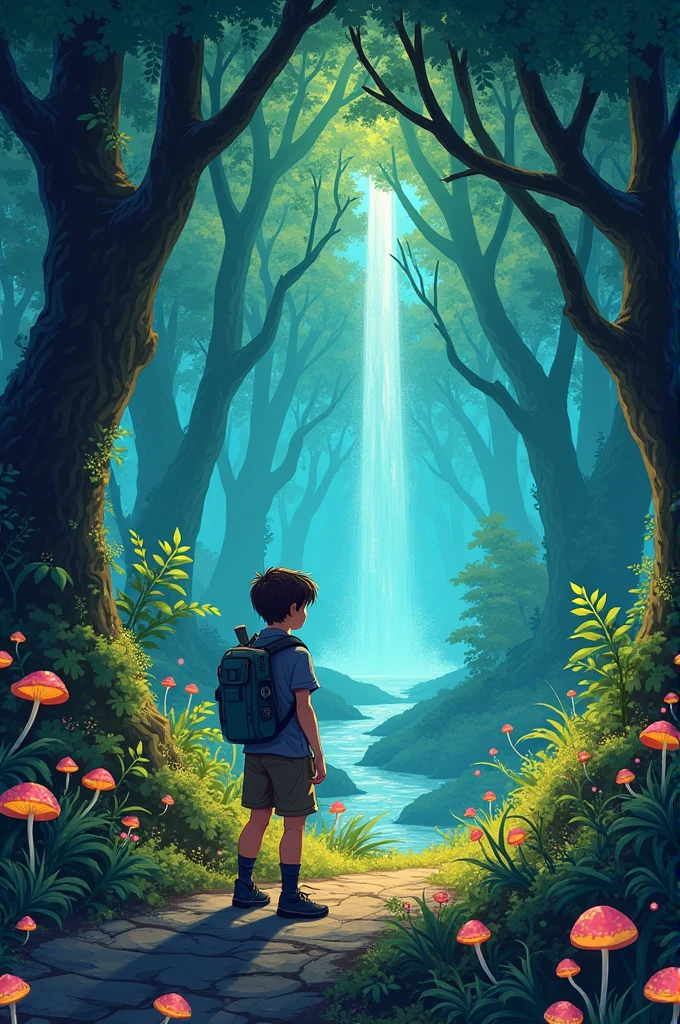 Generate images for a comic book names the same and the enchanted forest in which sam discover a magical forest