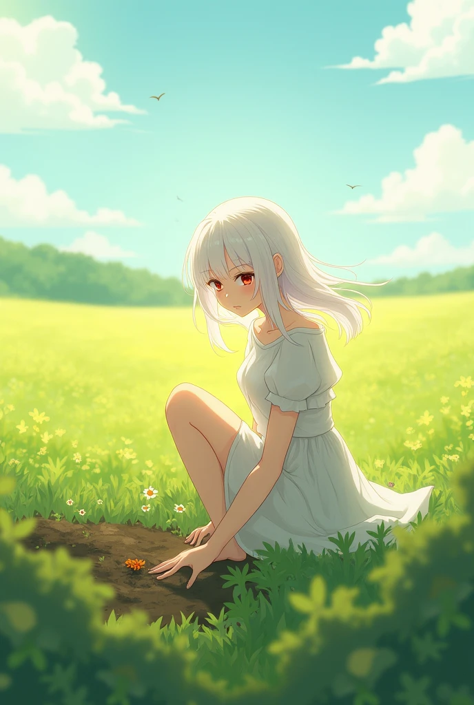 A white-haired woman with ruby red eyes, is planting carrot seeds in the middle of a field under the gentle sunlight.anime art,Make him plant carrot seeds