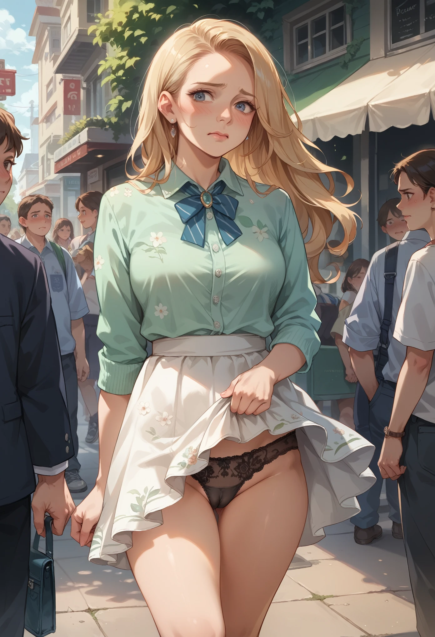 (masterpiece), Mature , sexy, After, Floral lace underwear, Natural light, realistic, camel toe, diffused light, Depth of bounds written, white skirt, vapor, (lift skirt),black underwear, (urination), lively , embarrassed expression, Public place