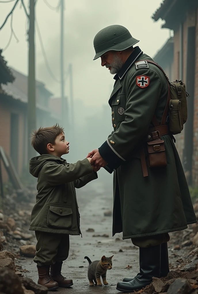 Draw a german army in ww2 trying to save a kitten but the sergeant refused him to