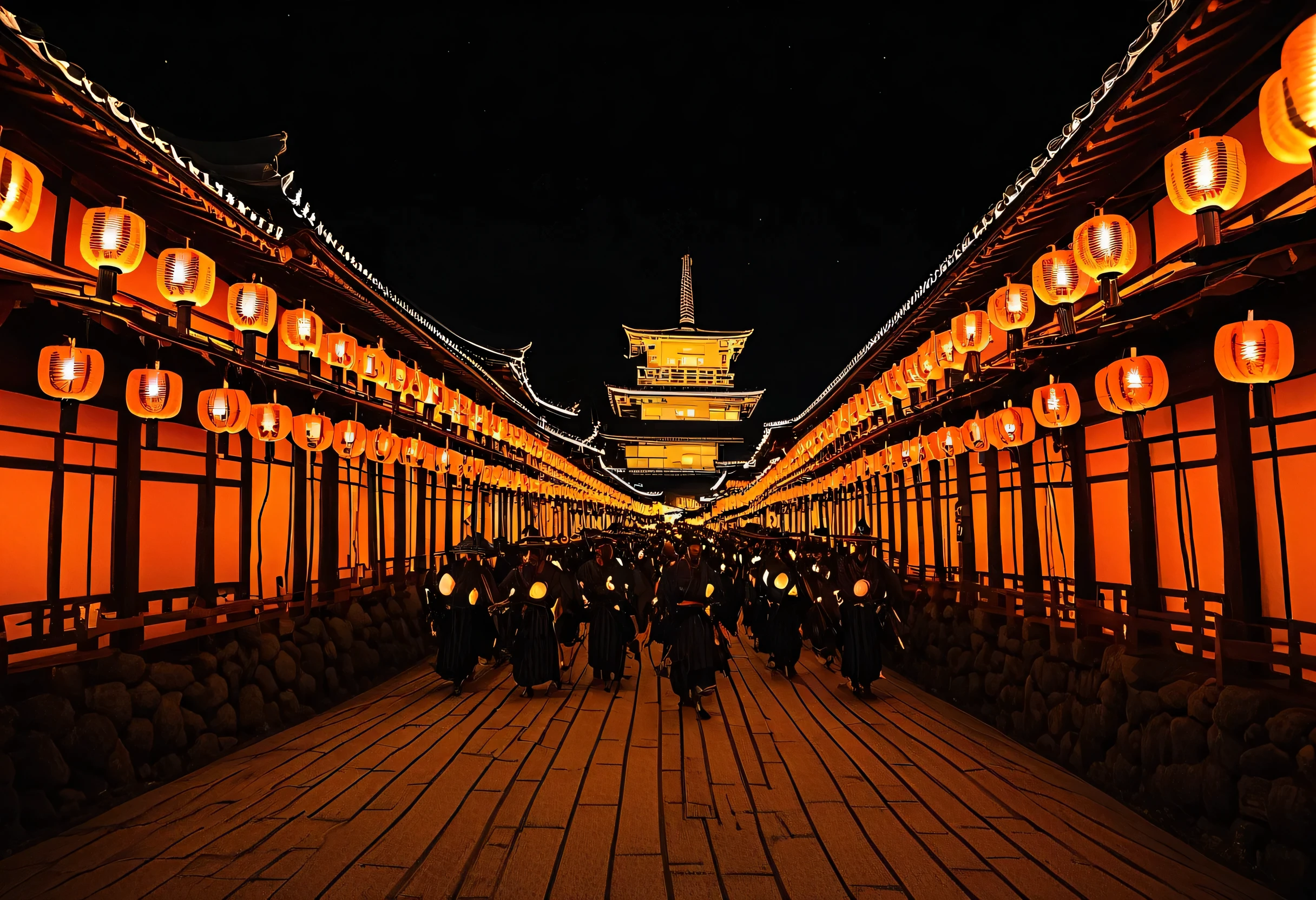 A castle town in Japan's Sengoku era comes alive with the vibrant energy of Halloween. Brightly colored lanterns light up the streets, and samurai and townspeople in festive attire create a lively, beautiful scene. This town, where history and modern Halloween traditions intertwine, is a magical world that feels like a dream.