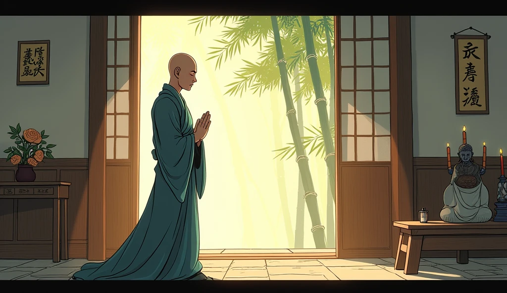 For a scene depicting Master Koji looking very devotional in comic style, you could use the following prompt:

**Master Koji in Devotion**: Master Koji stands in front of a small shrine within the temple, his hands gently clasped together in prayer. His eyes are closed, and his face is serene, embodying deep devotion and inner peace. He wears traditional Zen monk robes, draped gracefully over his slender frame. The shrine is simple yet elegant, adorned with incense, candles, and a small Buddha statue. Soft rays of sunlight filter through the bamboo outside, casting a warm, ethereal glow around Master Koji, emphasizing his spiritual aura. The background is quiet and reverent, with the faint outline of the bamboo grove visible through the open temple doors.