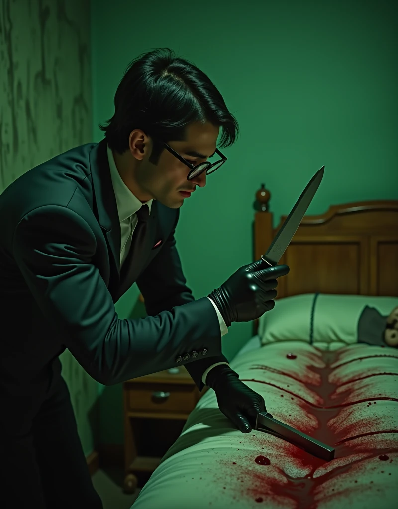Giallo thriller, mysterious handsome killer, black gloves, round glasses, slightly long black hair, strangling woman with wire, black underwear, black bra, stockings, dungeon of horrors, saws, knives, axes, porn pics on wall, ropes, chains, blood spatter, walls and floor covered in blood spray (lurid vivid colors, cinematic and volumetric lighting, Technicolor, blue and orange tint, diffused green back lighting, intricate details, Fumetti comic books style, pen and ink, Metal Hurlant aesthetic, best quality, masterpiece, HD, 8X, good hands, good bodies, attention to detail, retro illustration style, classic European horror movie style, Dario Argento, Sergio Martino, Jess Franco, Mario Bava, NSFW)