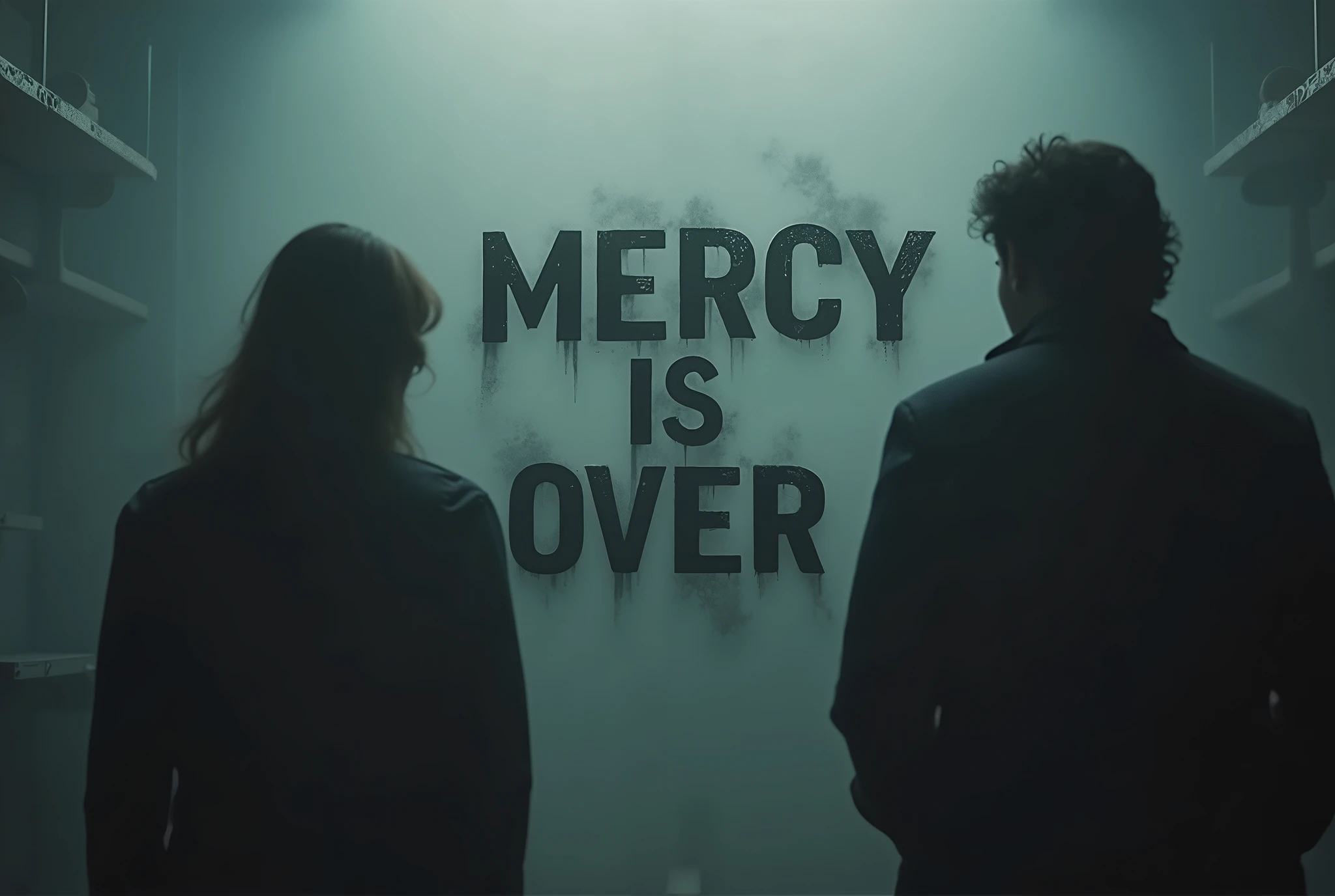 "La misericordia è finita.", rappresenta questa frase in stile "pennellate di colore". Suspended in the air between scene and the viewer, a translucent, almost ghostly black message reads exactly: "Mercy is over!". The text appears as if it's floating, blurred at the edges, with the letters formed from a faint mist or dark black smoke that lingers in the space. The smoky words are readable, though not overly bright, hovering just in front of his gaze, creating a surreal yet powerful effect. Text exactly says: "Mercy is over!". Text says: "Mercy is over!". semi-transparent text that reads 'Mercy is over!' in a dramatic, bold font. The text almost acts as a title, floating in the air, partially obscuring the scene but enhancing the overall tension and urgency of the moment.