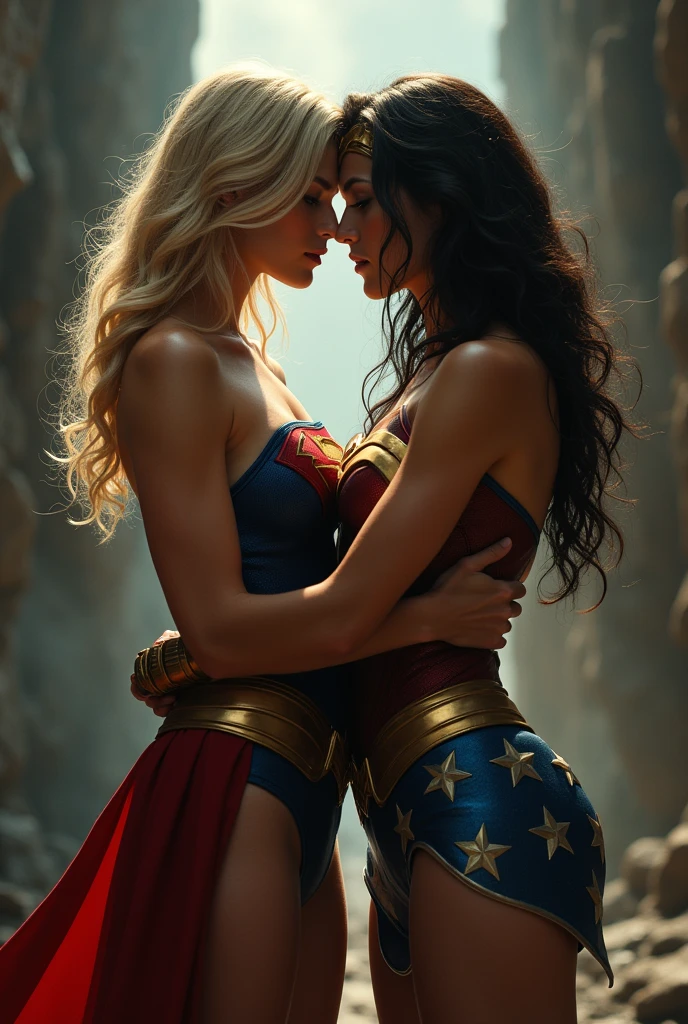 score_9, score_8_up, score_7_up, score_6_up, source_cartoon, adult women, (2women), duo, BREAK adult, A very beautiful blonde Supergirl and a very beautiful brunette Wonder Woman are embracing each other, erotic, nsfw, Looking into the camera, whole body, Looking into the camera, BREAK shallow depth of field, highly detailed, bokeh, moody, epic, gorgeous, grainy, BREAK (ultra-detailed), (best illustration), (best shadow), (absurdres), BREAK (detailed background), (very aesthetic).