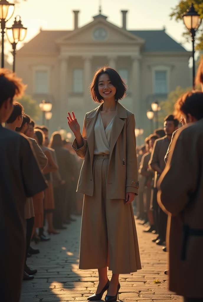 a young woman shorty black messy haircut, wear outfit jacket with shawl neck, long skirt dress clothes, wear high shoes, standing while raise right hand to audience on middle between people, natural, sweetly smile, happiness, actress movie hollywood, lighting pole lamps, real hyper realistic, real human japanese, UHD 8k, detailed photo, perfect face, detailed places, landscape, full body, photo was taken from a distance on outdoor the giant mansion his house