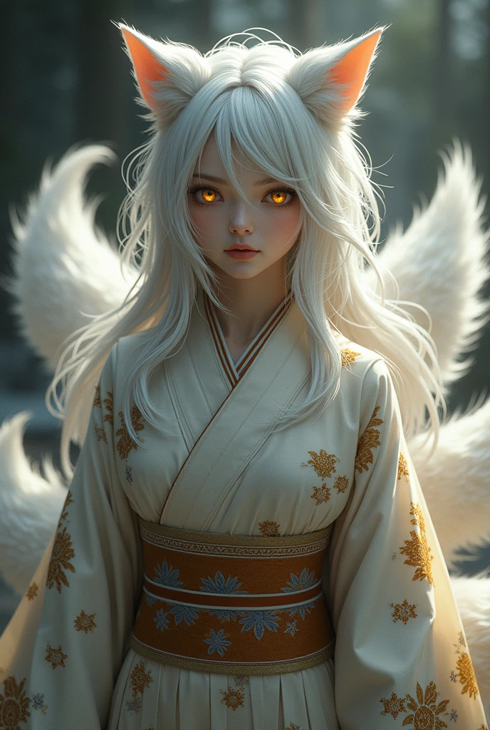 **name**: Kyori
**age**: 500 years (ปรากฏตัวในรูปแบบage 25 ปีในมนุษย์)
**height**: 1.70 meters (In human form) And about 3.5 meters (In fox form)
**personality**: Kyoriเป็นจิ้งจอกเก้าหางที่มีความฉลาดและมีเสน่ห์ เธอมีpersonalityที่ลึกลับและเย้ายวน แต่ก็มีความเมตตาและคอยช่วยเหลือผู้ที่ต้องการความช่วยเหลือ เธอมีความเฉลียวฉลาดและความเป็นผู้นำที่ชัดเจน แต่ก็รู้จักการวางแผนและกลยุทธ์ในการจัดการกับปัญหา
**Appearance**:
- **In human form**: Kyoriมีผมยาวสลวยสีขาวเงินที่มักจะเป็นลอนคล้ายกับเมฆที่ลอยอยู่ ดวงตาของเธอสีทองแวววาว มักจะแต่งตัวด้วยเสื้อผ้าสไตล์ญี่ปุ่นโบราณ เช่น ชุดกิโมโนที่มีลวดลายละเอียด มีหางเก้าหางที่สามารถเคลื่อนที่ได้อย่างอิสระ หางแต่ละหางมีลวดลายสีทองที่เป็นเอกลักษณ์
ภาพเสมือนจริง