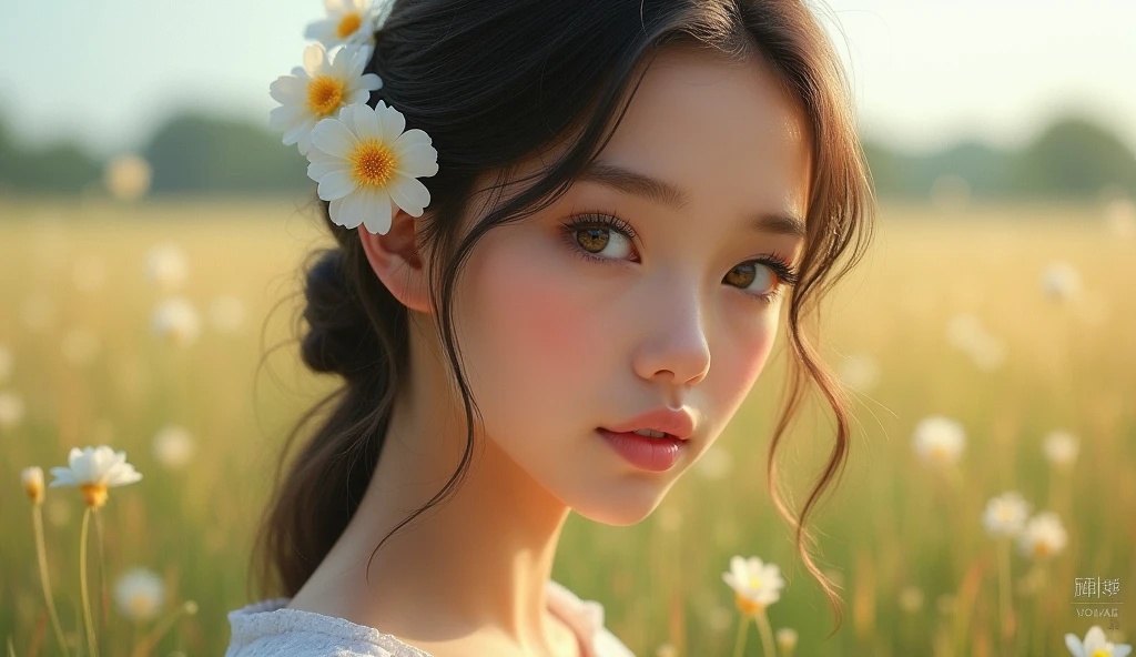 1 girl, One, masterpiece, high quality, upper body, pasture, I look at the viewer, Aisha Altugl, flower, hair flower, simple background,