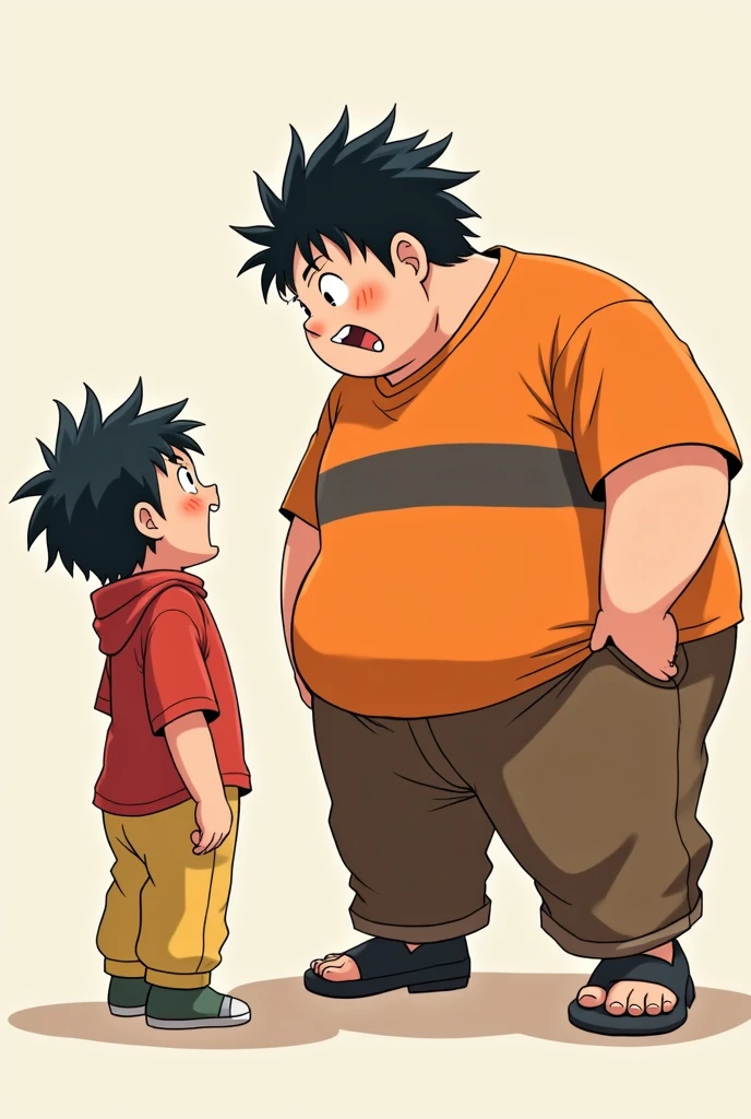 A chubby guy who is a teenager with orange full hand shirt with a stripe in middle of the shirt and brown pants shouts at a kid who is wearing red shirt and yellow trousers who is
Both of them are japanese characters . The red ??? is shorter . The kids trouser is above knee level