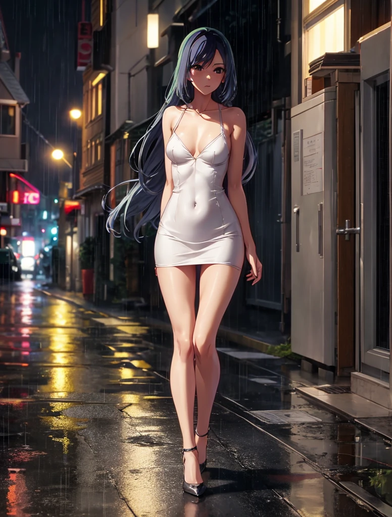 girl, short tight dress, you can see her breasts, bare chest, Chest visible, street background, Narrow passage between houses, night, rain, slender body, full length, Stiletto Shoes, bare chest, slim body, small breasts, long hair