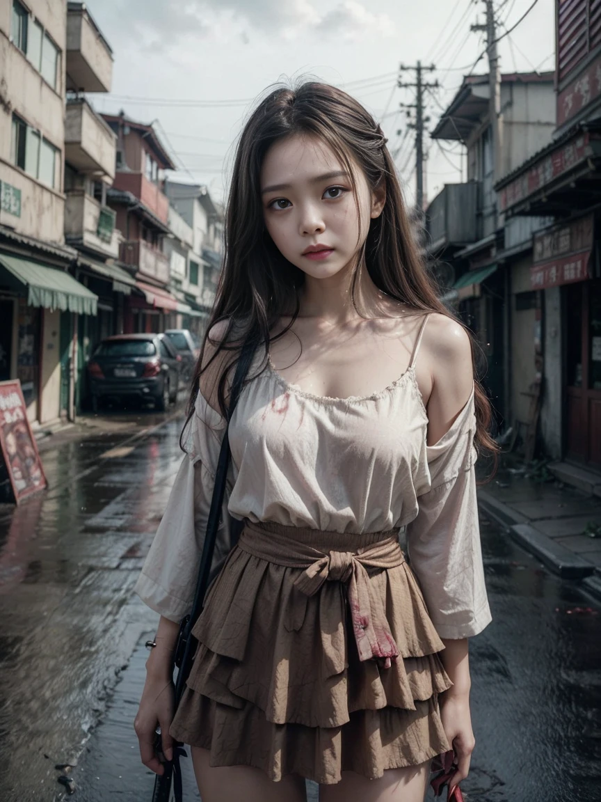 Chinese Hanfu dress wearing white clothes holding a sword. Chinese Hanfu dress in white clothes, Bloody.,  under a small t-shirt, Blood dripped down, Zombies chasing her, Zombies running after her, ใบหน้าBloody., เลือดบนclothesของเธอ, ตัวเล็กในชุดเสื้อสีขาวBloody., clothesBloody., Torn and dirty mini skirt, กระโปรงสั้นBloody., Blood on her bodyBloody., Blood dripped down, Zombies chasing her, Zombies running after her, ใบหน้าBloody., เลือดบนclothesของเธอ, Blood on her body, arafed ผู้หญิงจีน posing for a picture, beautiful chinese woman, Korean girl, Beautiful Chinese girl, Chinese women, Chinese female fashion model, Look sexy, small breast, long hair, sexy pose, Show your breasts. dark background, dark and rainy street the blurred nighttime, Blurred road in the background, nighttime, dark nighttime, City in Dogs, Dog Road, Rubble, smoke, destructionCity in Dogs, Dog Road, Rubble, smoke, destruction, rainy nighttime, shadow, dark alley, dawn, คติZombies, นักฆ่าZombies, Zombies, Not dead, Crowd of Zombies, monster, Film style: Local evil. (perfect skin, No blemishes or blemishes). ((best quality, 8ก, Masterpiece: 1.3)), Point of interest: 1.2, perfect shape beautiful woman: 1.4, perfect breasts: 1.2, ((Layered haircut, Beautiful breasts: 1.2)), (real clothes textures: 1.1), (A calm gesture holding a sword), clothes: 1.1, Highly detailed facial and skin textures, Detailed eyes, Double eyelids, Bright skin, I'm real., “Imagine a character that radiates an aura of mystery and intrigue.. Her skin looks so realistic that every texture and shade stands out from the image., สะท้อนแสงและshadowได้อย่างลงตัว. The skin should show a subtle color., from the warm tones of natural blush to the cool shadow under the eyes, Captures the intricate and beautiful details of human skin in full detail.. (Dark style with horror, Zombie Apocalypse style movie effects).