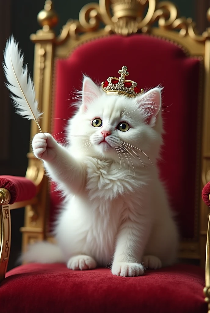 An Angora kitten has taken over the world , and is sitting on the throne of Queen Elizabeth 2 of England and wearing her crown , humans serving him and he is trying to catch a feather toy handled by his steward