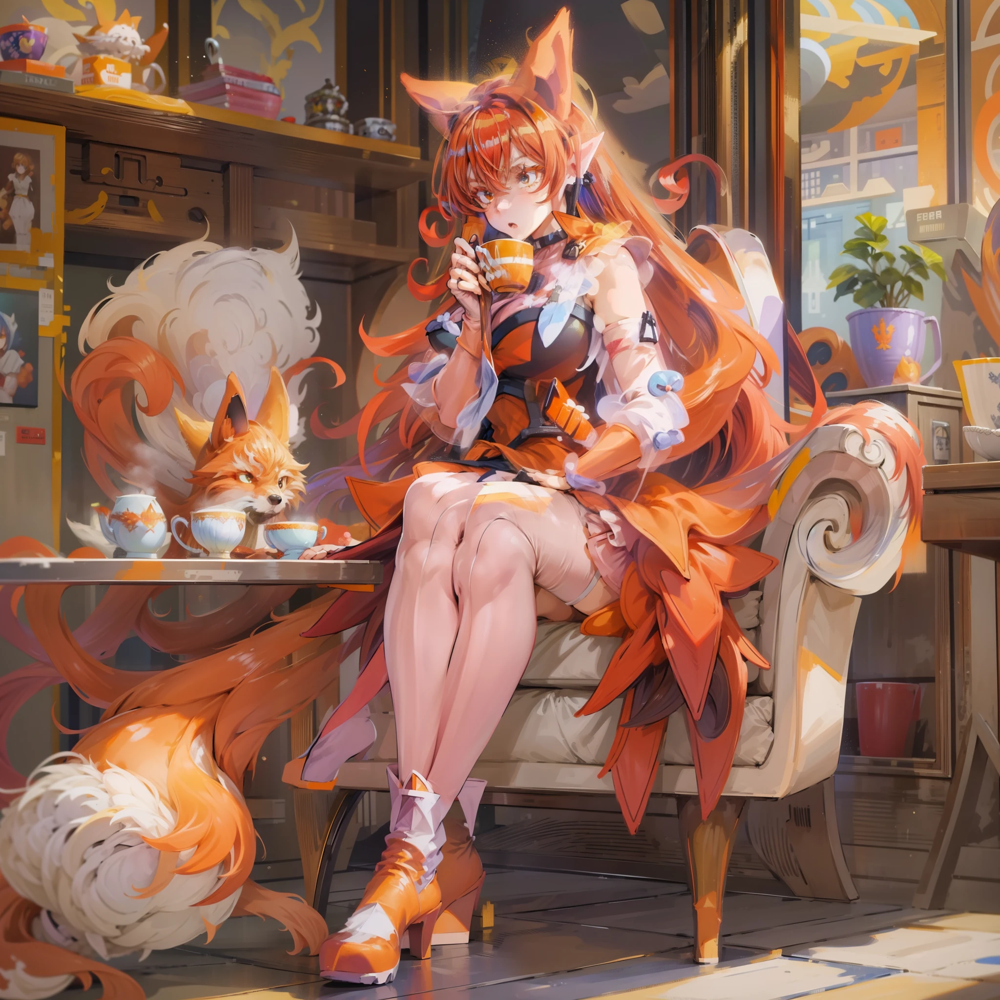 8k, Highly Detailed, Masterpiece, source_anime, best quality, clear face, thoughtful expression face, beautifully detailed eyes and beautifully detailed hair, 1girl, solo, Azazel Ameri, full body, female character with long, flowing, reddish-brown hair and fox-like ears, The character is dressed in a form-fitting, black and white top with a short, orange skirt that has petal-like layers. She is also wearing thigh-high white stockings and orange boots, big breasts, sits in a chair, one leg crossed over the other, there is a tea table next to it, and a mug of tea on the table, The overall color palette includes warm tones, with a focus on the character's vibrant hair and outfit.