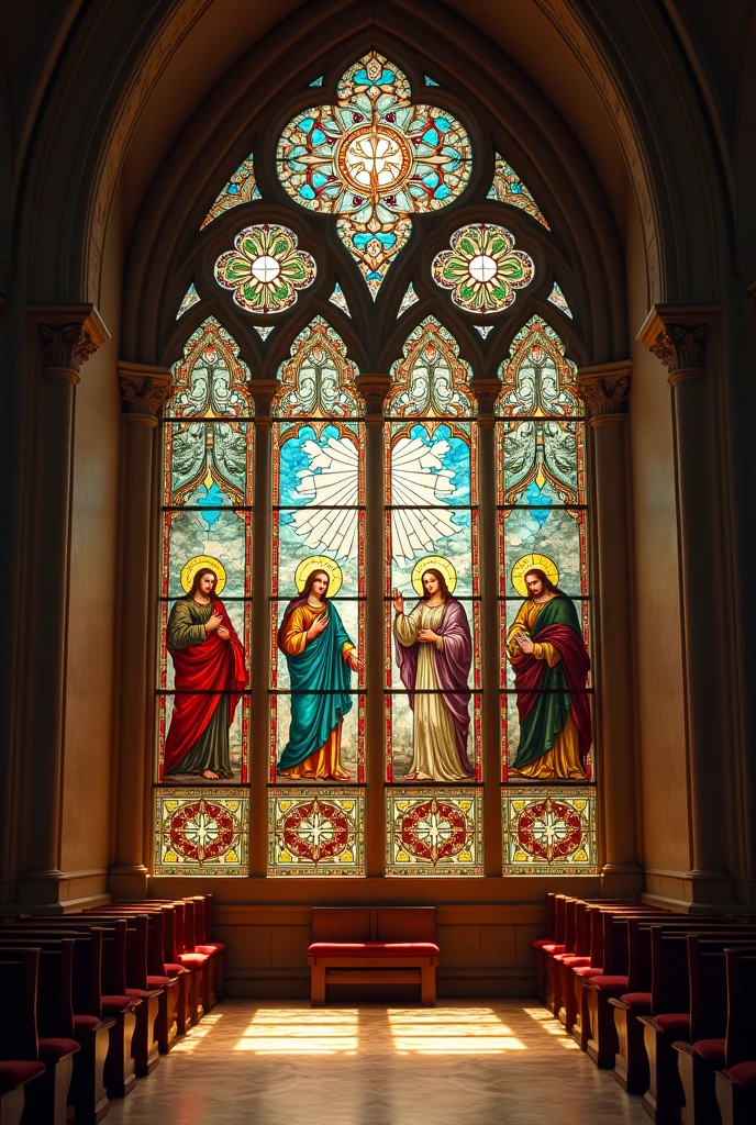 Brilliant religious stained glass windows placed internally in a side chapel 