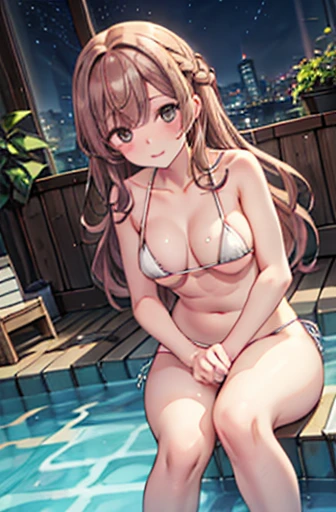 ((masterpiece,Highest quality)), High resolution, Highly detailed 8K wallpapers, depth_of_Field, Are standing, above knee view, alone, 1人of, Saeki Sayaka Yagatekimininaru, Long Hair, 薄茶色of髪, Braiding, 緑of目, bow, Big Breasts, , (Minimal Micro Bikini:1.2), (White Bikini:1.4), Pool, night,