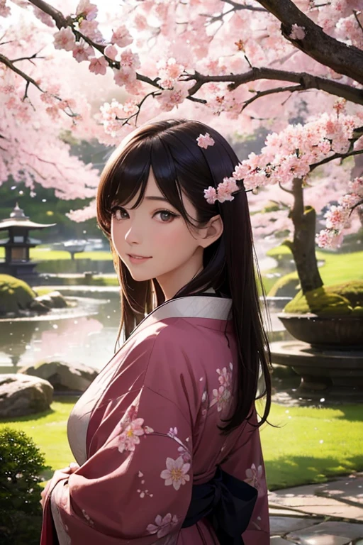 ((Highest quality)), ((masterpiece)), ((Realistic)), Standing in a tranquil Japanese garden with cherry blossoms at eye level、A girl with perfect beauty, Scenic, masterpiece, (High resolution), original, extremely detailed 8K , (photoRealistic:1.4),Perfect Face, Perfect Eyes,Symmetrical body type,smile, 